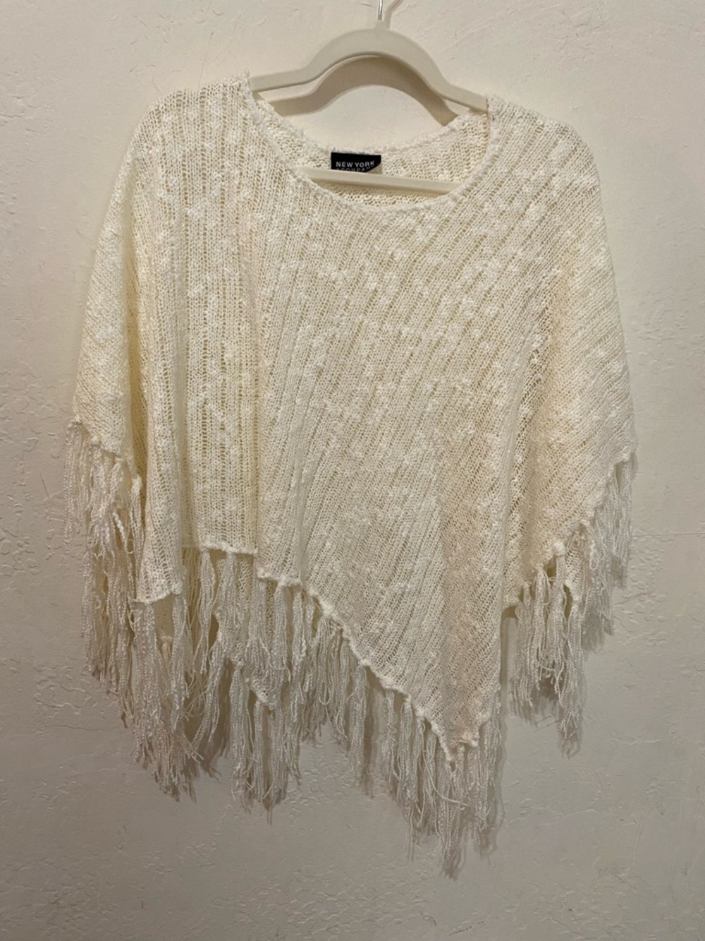 New York & Company Cream Fringe Poncho Sweater Boho Festival Coastal